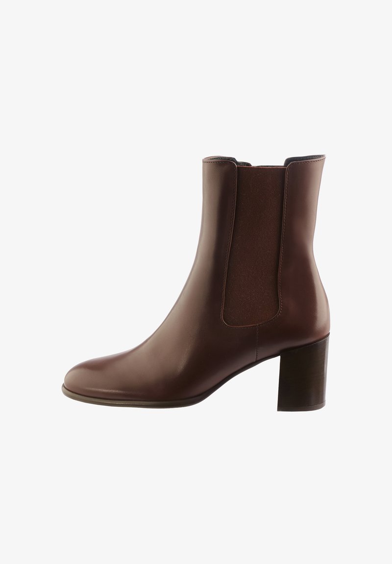 Brown leather ankle boot with elastic side panels, rounded toe, and a chunky heel. Smooth texture and minimal detailing.