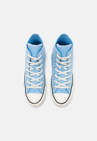 High-top sneakers in light blue mesh material with white laces, a white rubber toe cap, and black accents along the sole.