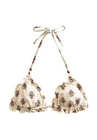 Bikini-top dengan bahan krim bercetak bunga, dilengkapi dengan tepi yang berkerut, tali yang dapat disesuaikan, dan hiasan manik kayu.