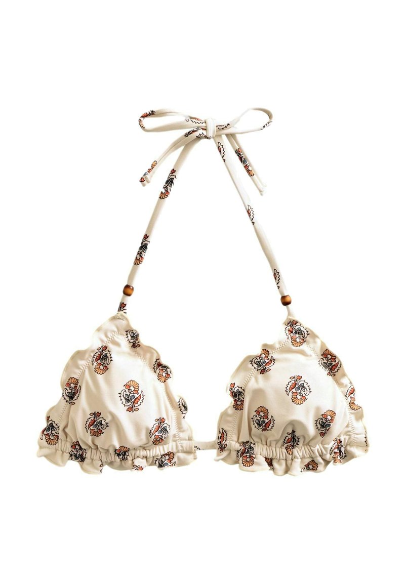 Bikini-top dengan bahan krim bercetak bunga, dilengkapi dengan tepi yang berkerut, tali yang dapat disesuaikan, dan hiasan manik kayu.