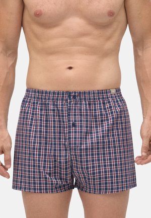 Hombre vistiendo calzoncillos a cuadros en azul, rojo y blanco con frente abotonado, mostrando torso y brazos desnudos sobre un fondo plano.