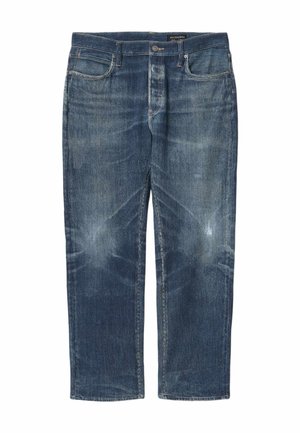 Herrenjeans aus blauer Denim mit geradem Bein, verblassten Details, vorderer Knopfverschluss und Fünf-Taschen-Design von der Marke AllSaints.