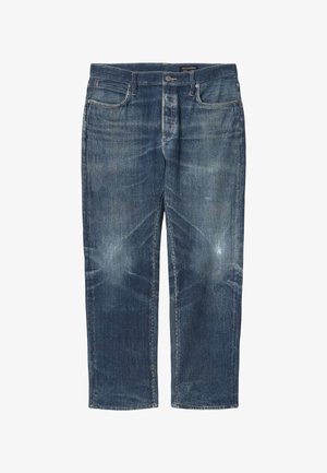 Herrenjeans aus blauer Denim mit geradem Bein, verblassten Details, vorderer Knopfverschluss und Fünf-Taschen-Design von der Marke AllSaints.