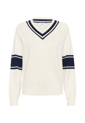 White knitted pullover with a V-neck, featuring navy stripes on the collar and sleeves. Soft texture, ribbed cuffs, and hem.