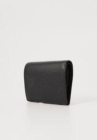 Black leather wallet with textured finish, compact design, and rounded edges. Features a fold-over flap and visible stitching.