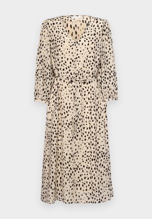 Beige dress with a V-neck, long puff sleeves, and a belted waist. Features a black spotted pattern throughout. Made from lightweight fabric.