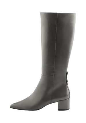 Hohe graue Lederstiefel bis zum Knie mit spitz zulaufender Zehe, Blockabsatz und einem seitlichen Detail nahe dem Knöchel. Glatte Textur und elegantes Design.