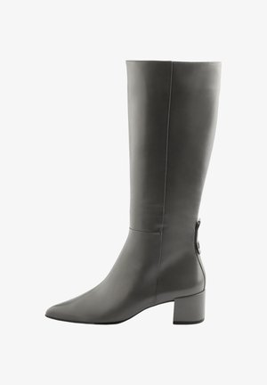 Hohe graue Lederstiefel bis zum Knie mit spitz zulaufender Zehe, Blockabsatz und einem seitlichen Detail nahe dem Knöchel. Glatte Textur und elegantes Design.