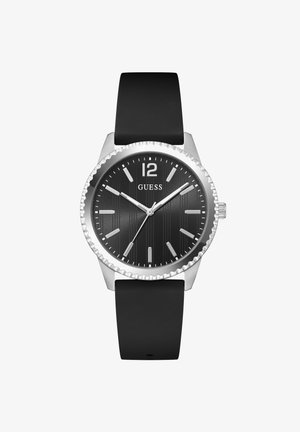 Montre-bracelet Guess avec cadran noir, index argentés, aiguilles des minutes et des heures blanches, aiguille des secondes, et bracelet en silicone noir.