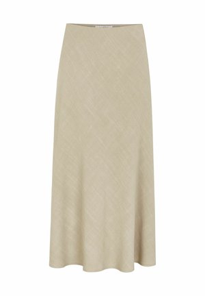 Beige, mellemlang nederdel lavet af et struktureret stof med en let udskæring i kanten. Enkel, udekoreret design. Ingen synlige lukninger eller detaljer.
