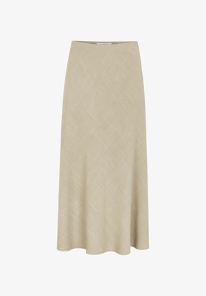 Beige, keskmise pikkusega seelik, mis on valmistatud tekstuurilisest kangast, kergelt laieneva hemiga. Lihtne, kaunistusteta disain. Pole nähtavaid sulgemisi ega aksessuaare.