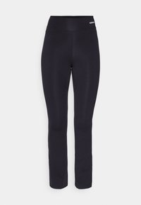 Black athletic pants with a smooth texture, wide elastic waistband, and a fitted design, tapering slightly towards the ankle.