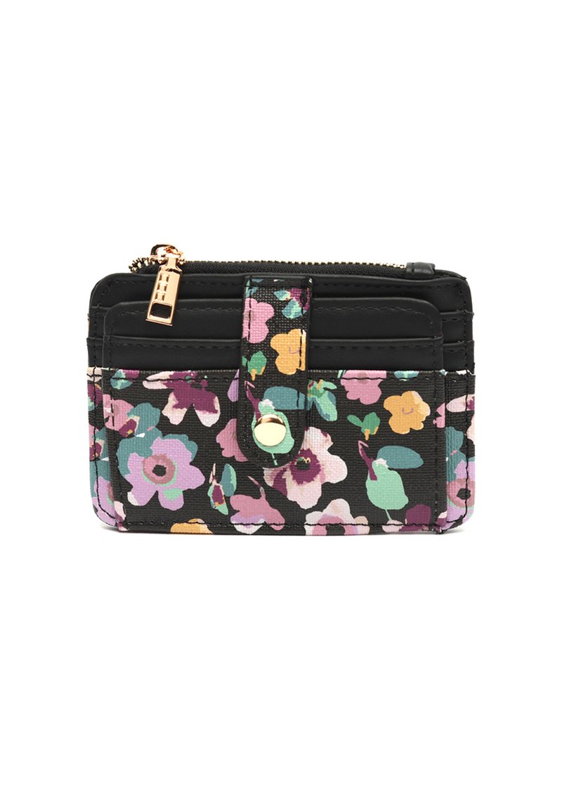 Černá peněženka na karty s barevným květinovým vzorem, zlatým zipem a zapínáním na patku na bílém pozadí.