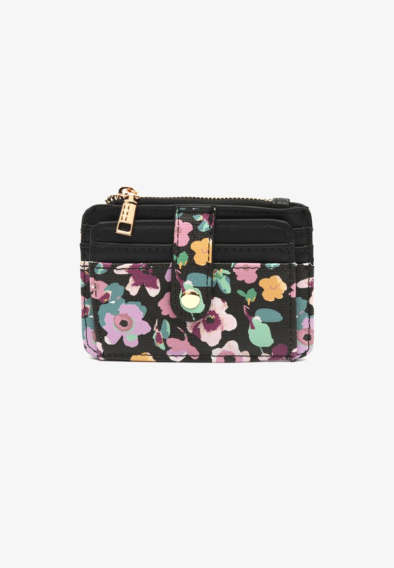 Black cardholder wallet with multicolored floral pattern, gold zipper, and snap button strap on white background.