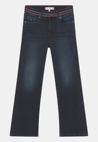 Jeans de pierna ancha en azul oscuro con una textura de denim clásico, que cuentan con una cinturilla a rayas y herrajes de contraste para el cierre.