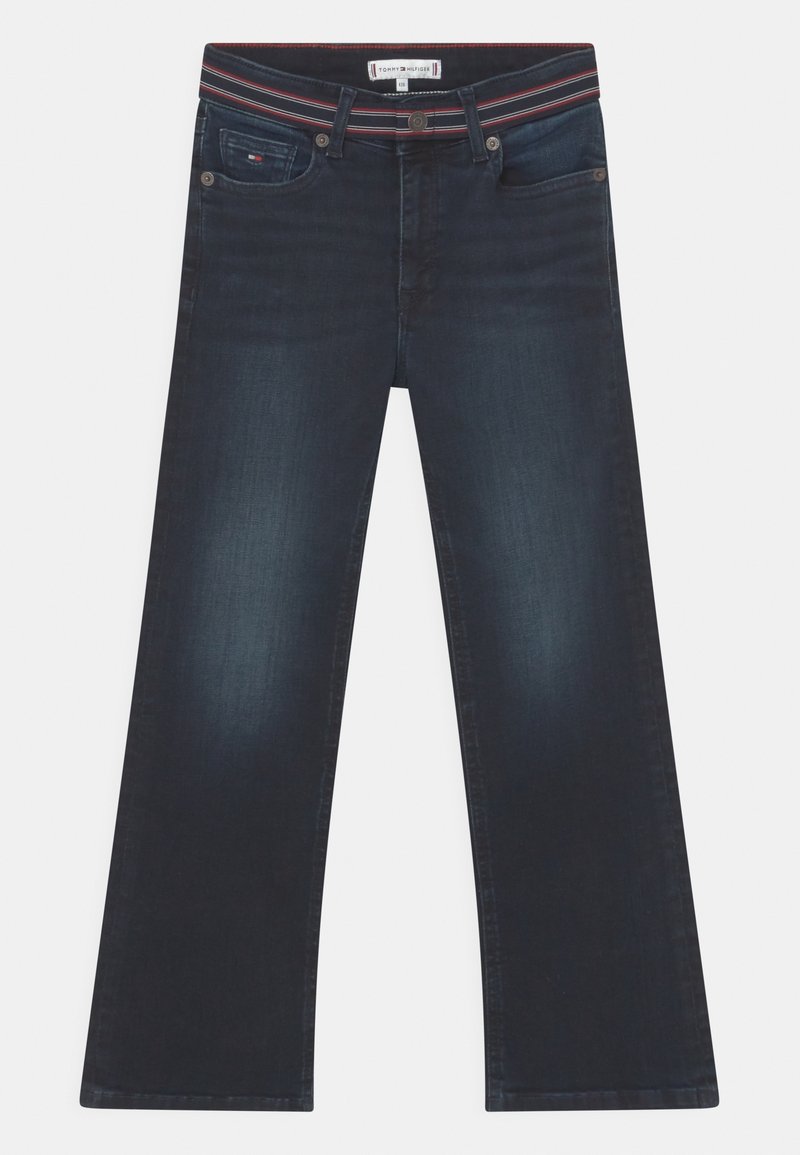 Dark blue wide-leg jeans with a classic denim texture, featuring a striped waistband and contrasting hardware for fastening.