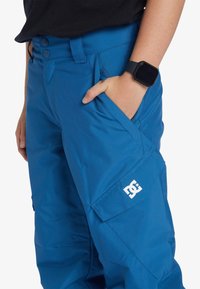 Blå snowboardbyxor med en slät textur, med två knappar i midjan, sidfickor och en framträdande logotyp på låret.