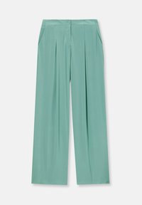 Wide-leg trousers in light mint green, made of smooth fabric. Features include a front button closure, two side pockets, and pleated detailing.
