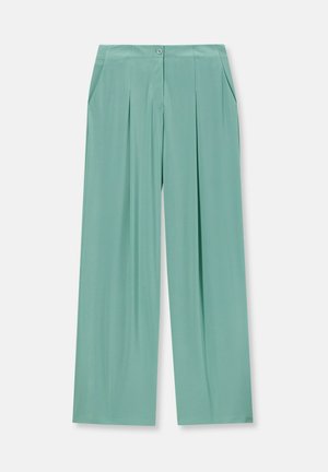 Wijde broek in licht mintgroen, gemaakt van een gladde stof. Kenmerken zijn onder andere een knoopsluiting aan de voorkant, twee zijzakken en geplooide details.