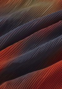 Tissu doux avec de fines plis diagonaux en dégradés de nuances orange, violet et beige, créant un motif ondulé texturé.