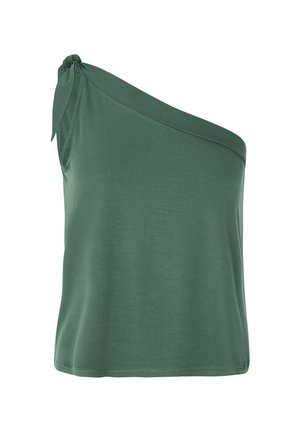 Zelený top na jedno rameno vyrobený z měkké tkaniny. Obsahuje uzlový detail na rameni, hladkou texturu a volný střih.