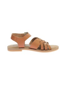 Sandal in pelle marrone con design incrociato, cinturino posteriore con fibbia e suola piatta. Texture liscia e stile open-toe.