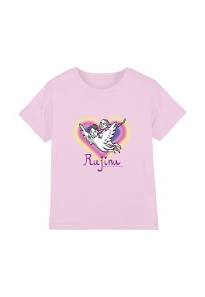 Pink cotton t-shirt featuring a graphic of a white winged figure and two characters. Text reads "Rujínu" in purple font below the design.