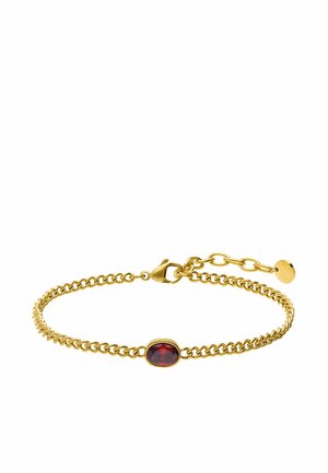 Gouden kettingarmband met ovale diepe rode edelsteen in het midden en verstelbare sluiting met kleine ronde bedel.