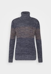 Pull en tricot bleu marine avec col montant, doté de rayures horizontales plus claires et d'un motif texturé sur l'ensemble. Manches longues et ourlet côtelé.