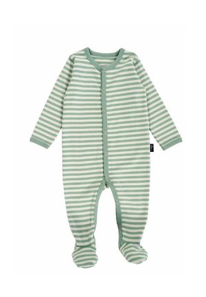 Grüner und weiß gestreifter Babystrampler mit langen Ärmeln, Druckknöpfen vorne und mit Füßen. Weiches Material und glatte Textur.