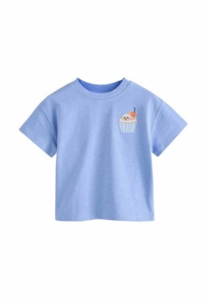 Light blue cotton t-shirt with short sleeves, featuring a cupcake embroidery in pastel colors on the left chest area.