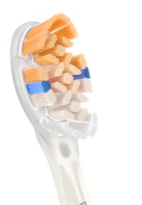 Brosse à dents avec un manche blanc et des poils multicolores : orange, orange clair, bleu et blanc. Les poils sont densément regroupés et texturés.