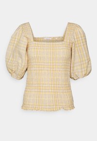Blusa amarela xadrez com decote quadrado, corpo franzido e mangas bufantes. Apresenta uma textura suave e uma bainha ligeiramente ondulada.