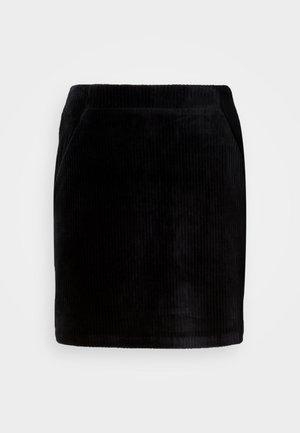 Schwarzer Cordminirock mit strukturiertem Rippmuster, tailliert geschnitten und zwei seitlichen Taschen.