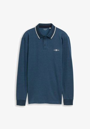 Polo a maniche lunghe blu navy con colletto a costine, dettagli bianchi, chiusura a tre bottoni e un piccolo logo ricamato sul petto.