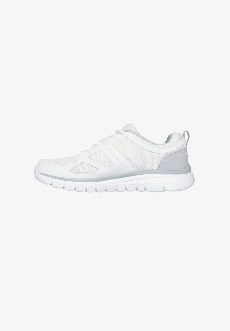 White athletic shoe with a mesh upper, contrasting synthetic accents, textured sole, and lace-up design. Features a pull tab at the heel.
