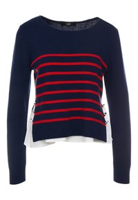 Navy blue sweater with red horizontal stripes, round neckline, long sleeves, and silver hardware accents on the side, layered over white fabric.