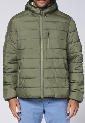 Olive green puffer jacket with a zip front, horizontal quilted design, and a hood. Features zippered chest and side pockets.