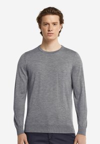 Grå långärmad tröja i mjukt material. Har en rund halsringning, ribbade ärmar och nederkant med en slät, lätt textur.