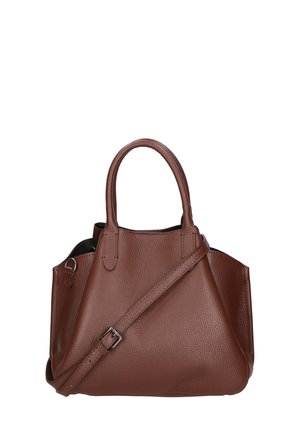 Borsa a tracolla in pelle marrone con finitura testurizzata, doppio manico superiore, tracolla regolabile e un design spazioso con apertura superiore.