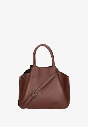 Borsa a tracolla in pelle marrone con finitura testurizzata, doppio manico superiore, tracolla regolabile e un design spazioso con apertura superiore.