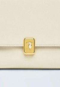 Borsa a tracolla beige con texture, caratterizzata da una chiusura rettangolare in oro con un design a intaglio, superficie liscia e dettagli sottili lungo i bordi.