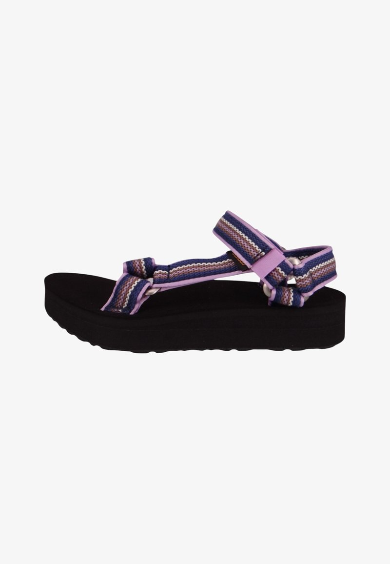 Lilla og mønstrede stroppesandaler med svart gummisåle, som har flerfargede vevde detaljer og en polstret plattformdesign.