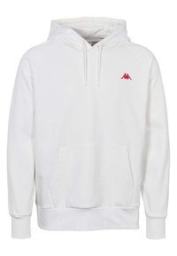 Sudadera blanca con capucha, bolsillo tipo canguro frontal y pequeño logo rojo en el lado izquierdo del pecho, con capucha ajustable mediante cordones y puños y bajo acanalados.