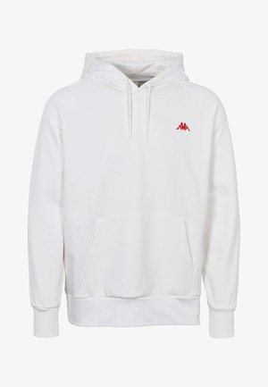 Balts kapučveida sporta krekls ar priekšpuses kengūras kabatu un nelielu sarkanu logo kreisajā krūšu pusē, ar auklas kapuci un ribotu aproci un apakšu.