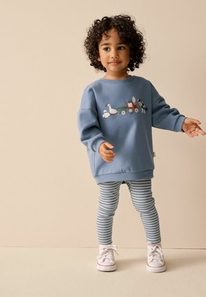 Mazs bērns ar cirtainiem matiem, ģērbies zilā sporta krekla ar lauku dzīvnieku un traktoru dizainiem, svītrainās legingās un baltās sporta kurpēs, stāv uz bēša grīdas.