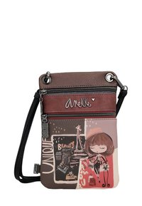 Umhängetasche aus strukturiertem braunem und pinkem Material mit Cartoon-Design, ausgestattet mit Grafiken, Reißverschlüssen und einem dekorativen Logo.
