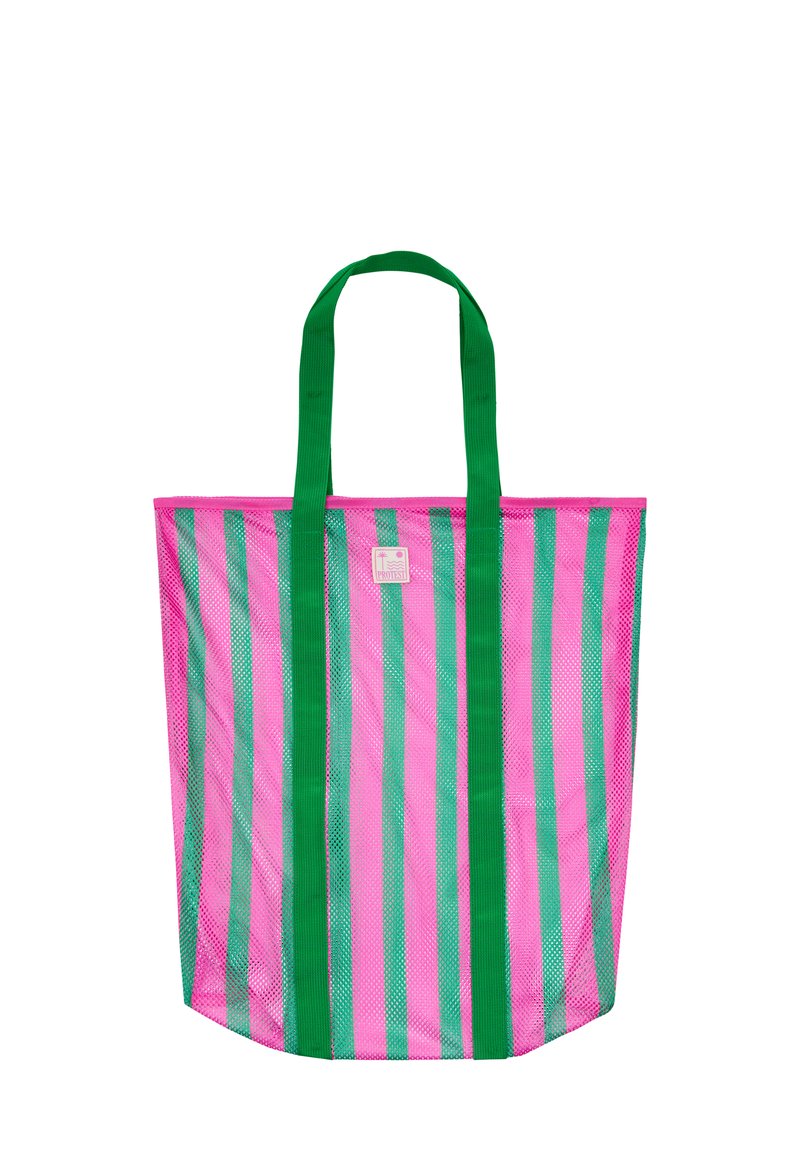 Roze mesh draagtas met groene verticale strepen, voorzien van twee stevige groene handvatten en een klein label aan de zijkant.
