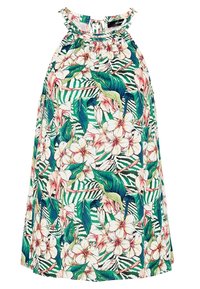 Bloemmotief jurk met groene bladeren en roze bloemen op een wit en groen gestreept achtergrond. Het heeft een gerimpelde halslijn en een mouwloos ontwerp.