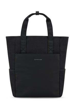 Sac fourre-tout noir avec doubles poignées, fabriqué en tissu robuste. Il possède une poche avant et des côtés texturés pour plus de durabilité et de fonctionnalité.